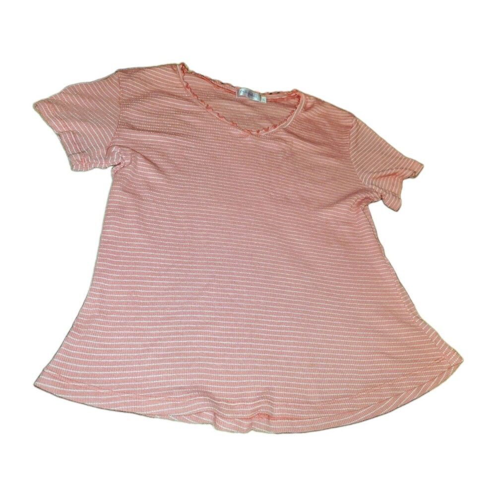 Fresh Produce Sz L Pink Striped Lettuce Trim Ribbed S/S Stretch Casual Shirt